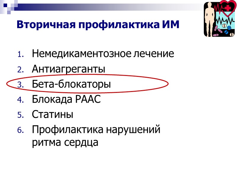 Вторичная профилактика ИМ Немедикаментозное лечение Антиагреганты Бета-блокаторы Блокада РААС Статины Профилактика нарушений ритма сердца